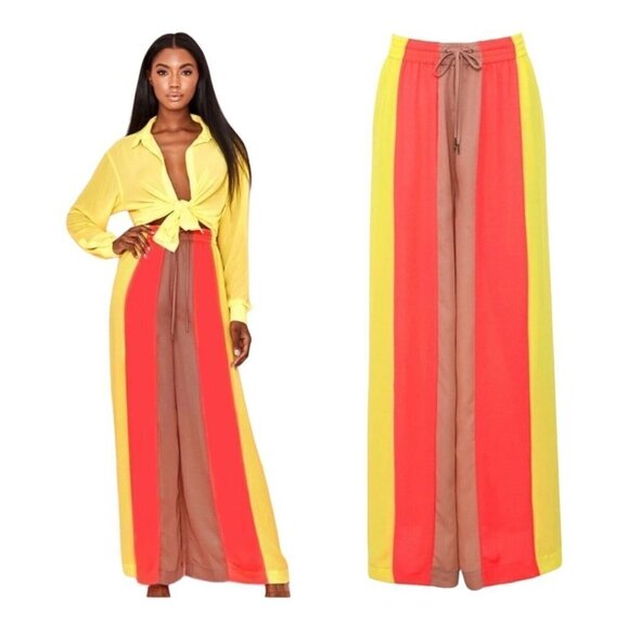 NEW House of CB Margot Women Size Medium Pants Beach Wide Leg Yellow Neon Coral - Picture 1 of 12